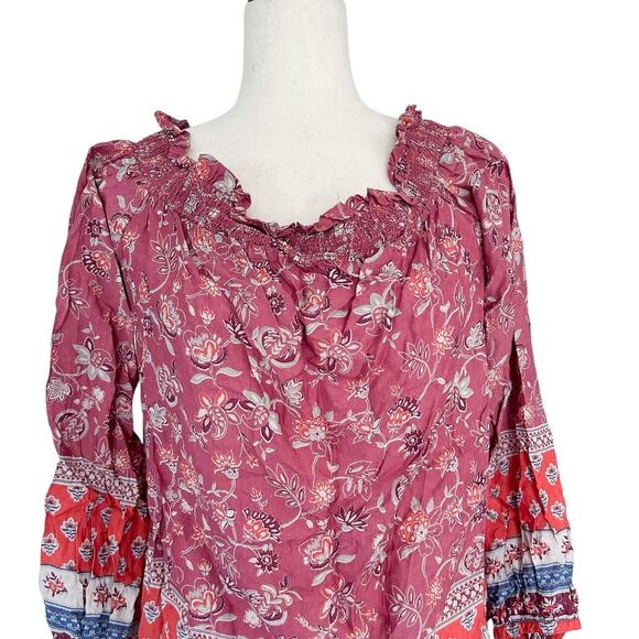 beach lunch lounge Women's Pink Off Shoulder Floral Boho Blouse Shirt Medium - Picture 3 of 11
